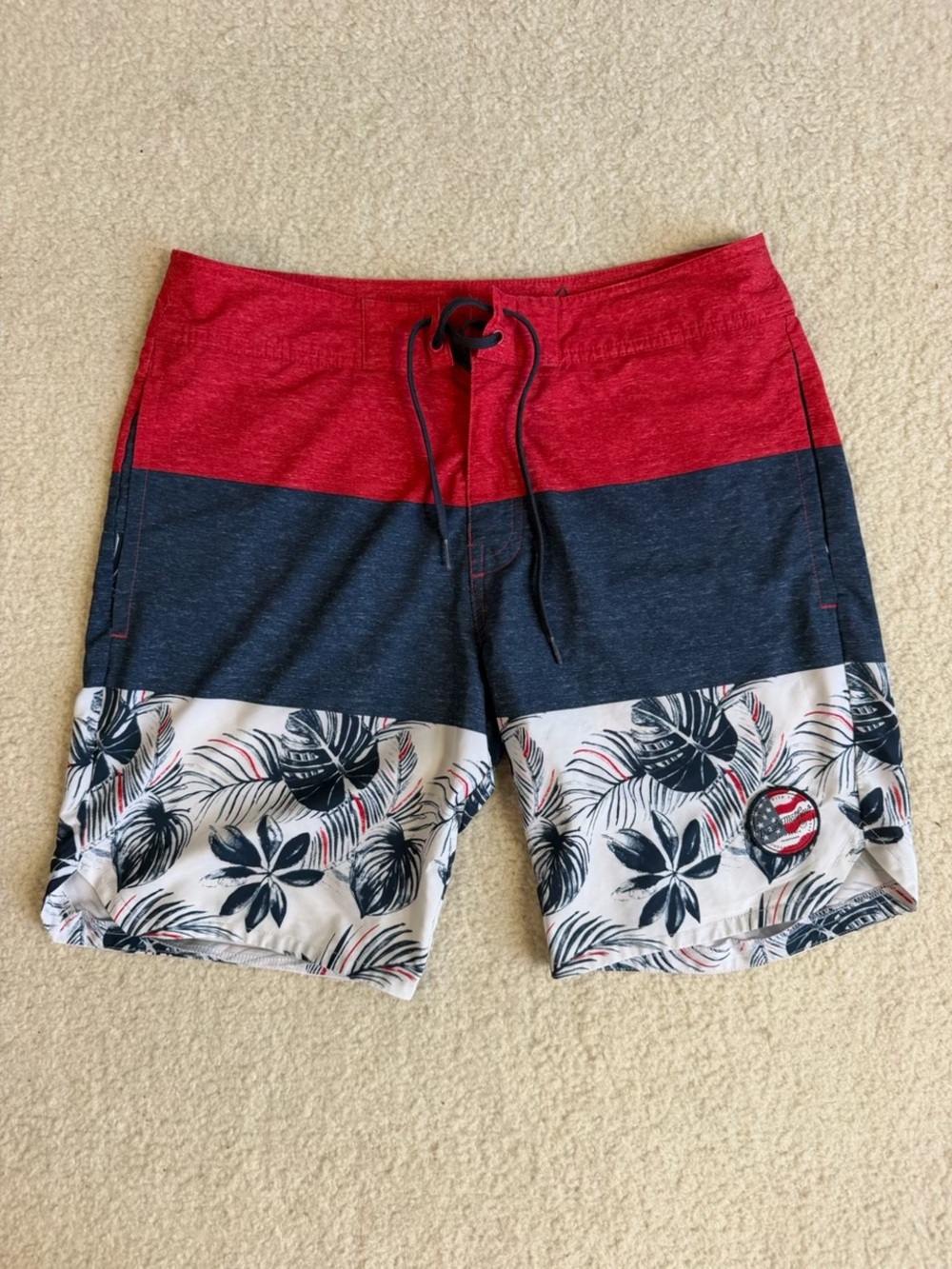 Travis Matthew Men's Red Navy Floral-Panel Swim Board Shorts Medium M